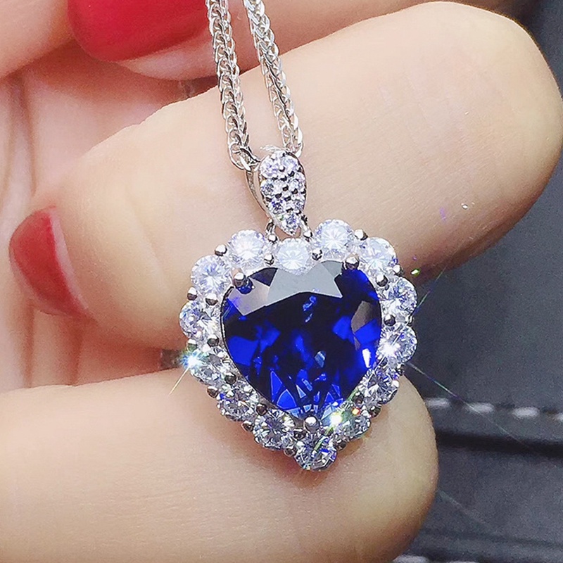 （Alloy）Kalung Inlaid Sapphire Bentuk Hati Untuk Wanita