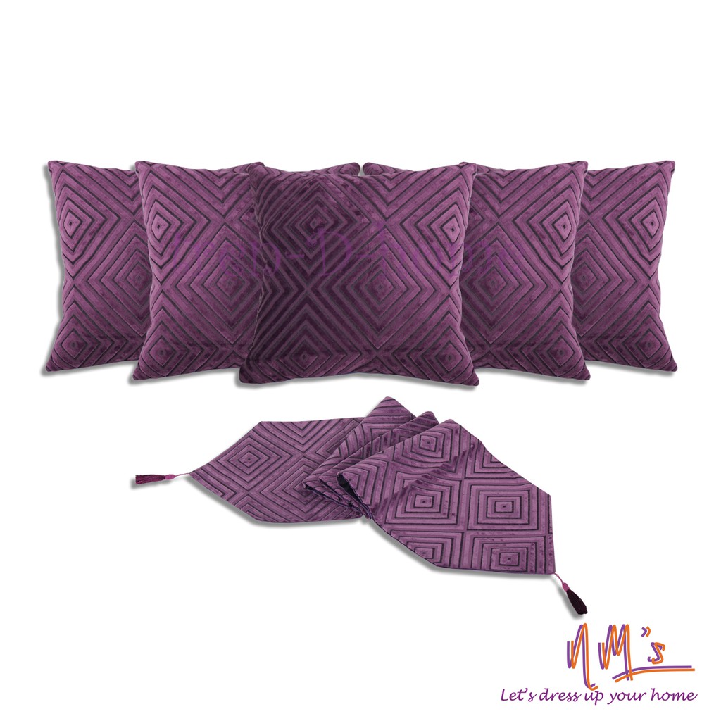 Tren-D-home-Sarung Bantal Sofa 40 cm x 40 cm isi 5pcs dan Taplak Runner 33 cm x 150 cm Bludru - Ungu