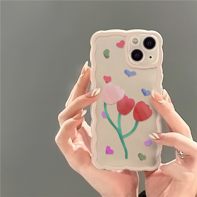 Soft Case Pelindung Lensa Kamera Motif Tulip Dan Hati Tahan Banting Untuk iPhone 13 Pro Max 11 12 Pro X XS Max 7 8 Plus SE 2020