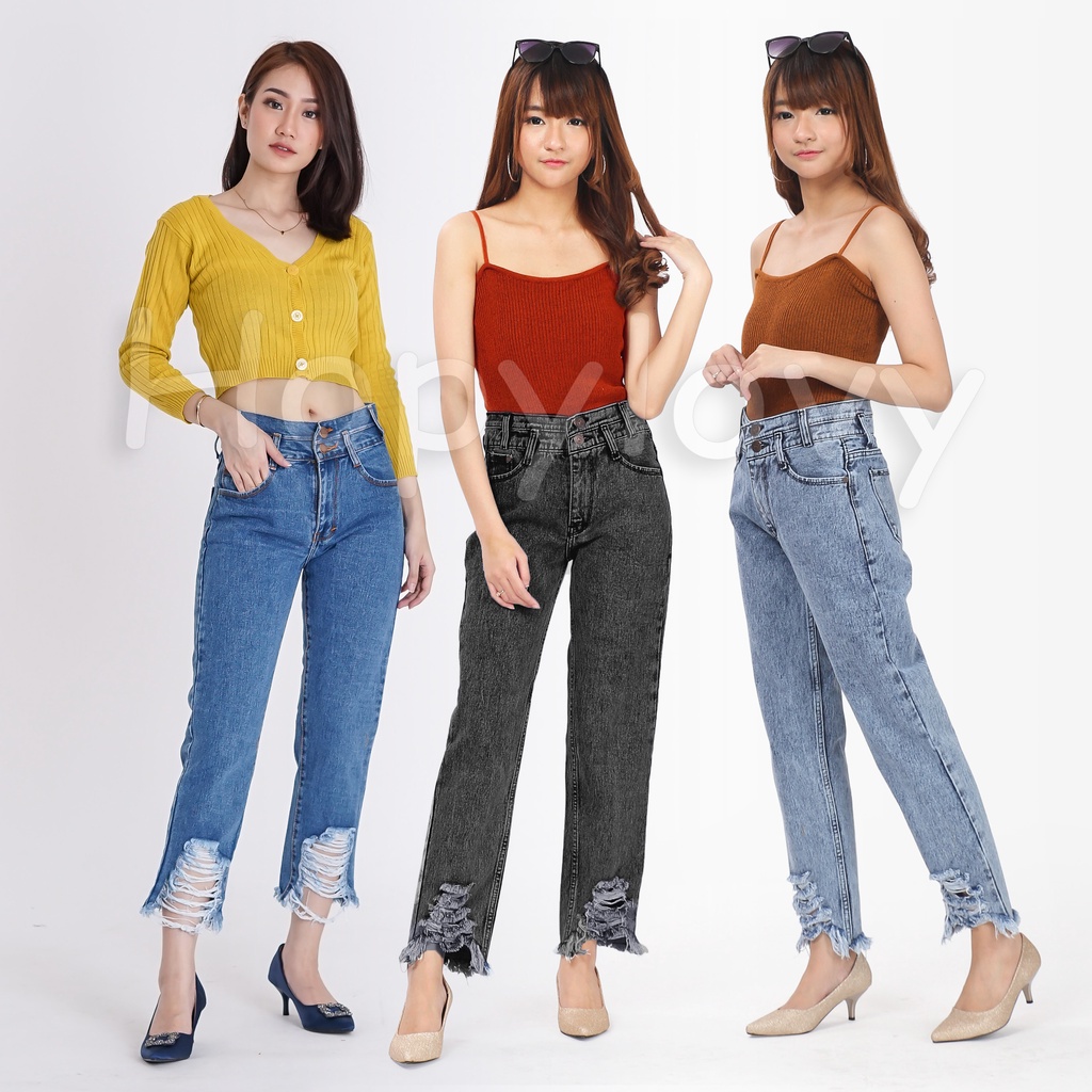 HOPYLOVY - Celana Jeans Boyfriend Wanita BF Loraine