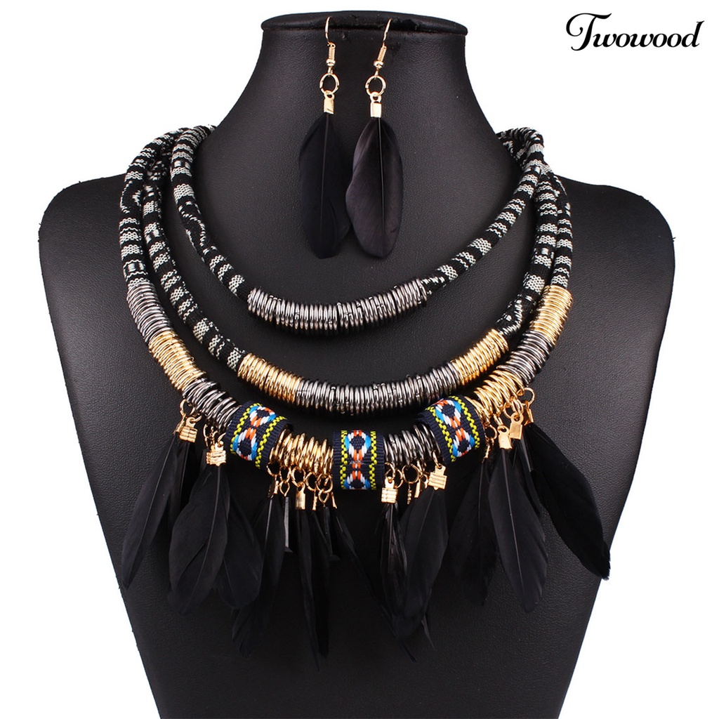 2pcs / Set Kalung Anting Rumbai Bulu Multilayer Bahan Alloy Gaya Bohemian Etnik Untuk Aksesoris Perhiasan