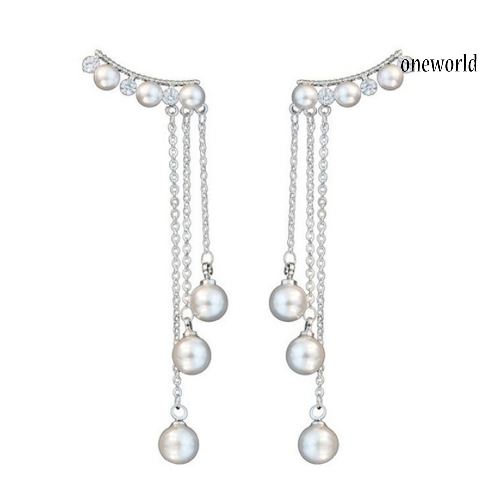 OW# Women Faux Pearls Inlaid Chain Tassel Dangle Ear Jackets Earrings Jewelry Gift