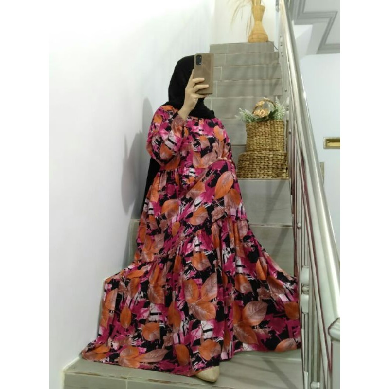 Gamis Viral Motif Daun Rayon Viscose