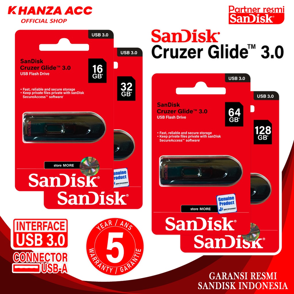KHANZAACC Promo Flashdisk Sandisk Cruzer Glide 16GB / 32GB / 64GB / 128GB USB 3.0 Original Bergaransi Resmi
