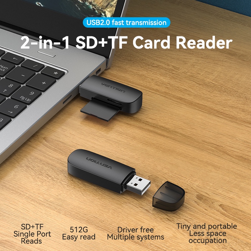 Vention Card Reader 2-in-1 SD + TF Card Usb 2.0 A + Kartu SD + TF