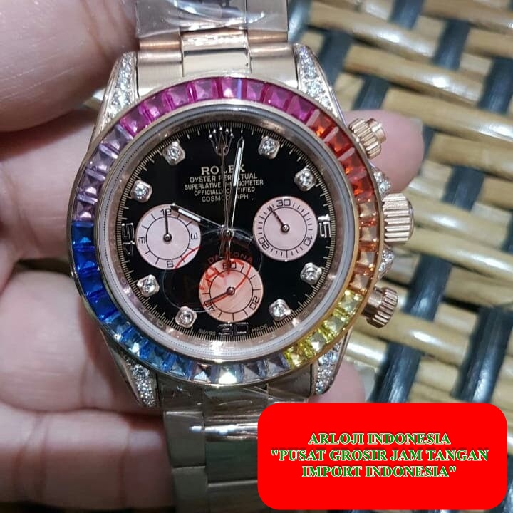 New Jam Rolex Daytona Rainbow Cronograph Saphire Batre Garansi 1th