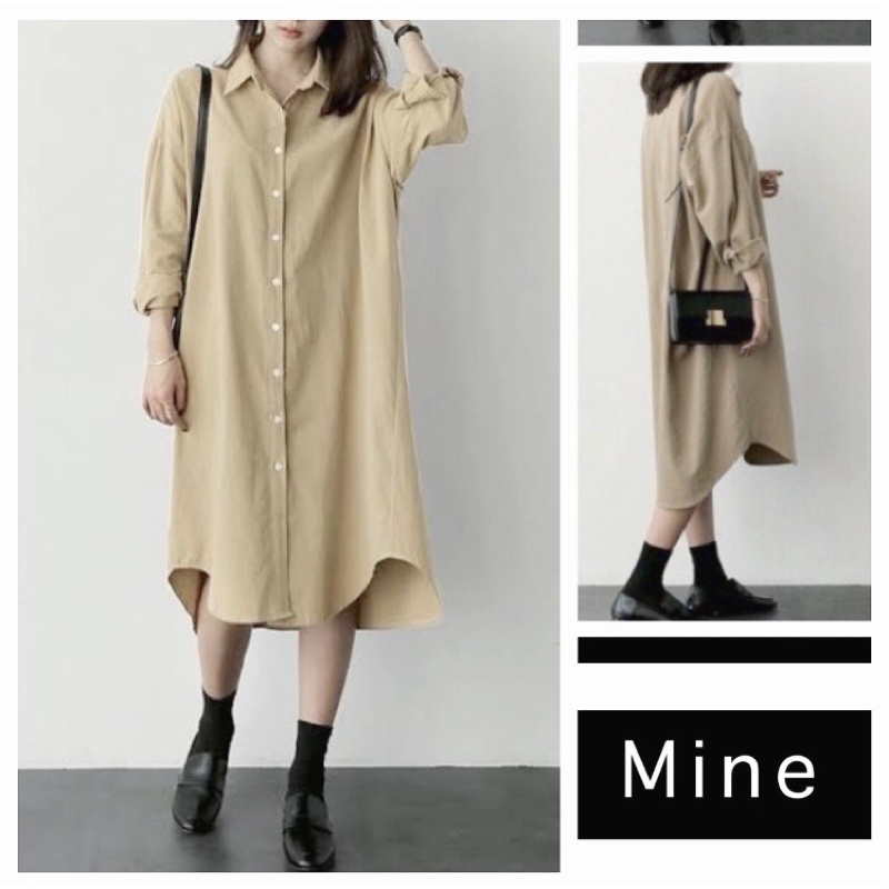 MINE long sleeve button down shirt dress (beige)