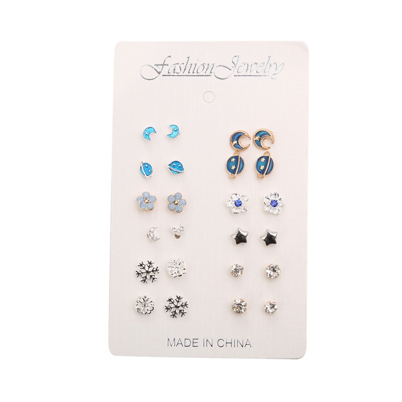 12pcs Anting Tusuk Bentuk Bulan / Bumi / Bintang / Snowflake Hias Berlian Untuk Wanita
