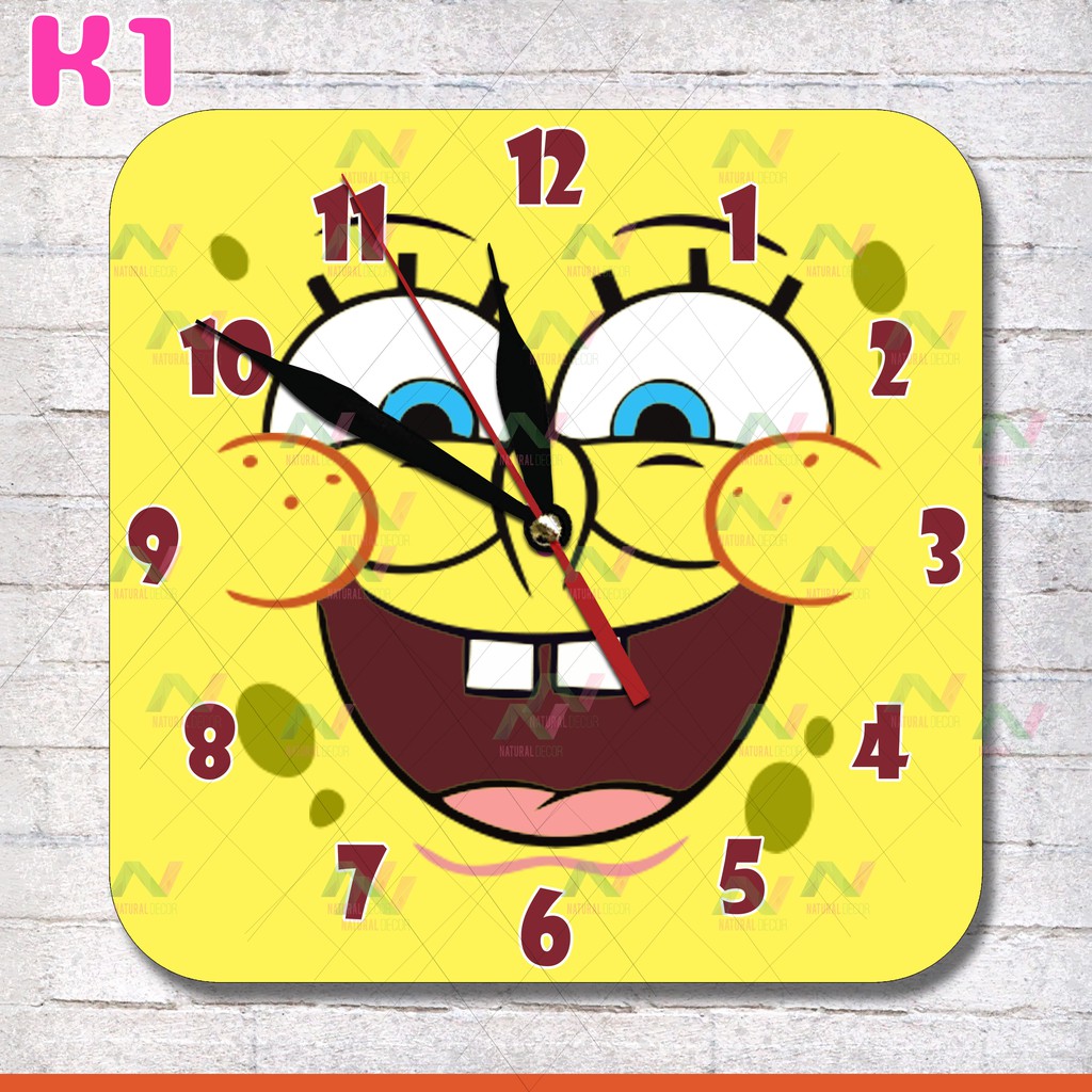 K1 Jam Dinding Karakter Unik Model Kotak Motif Kartun Spongebob