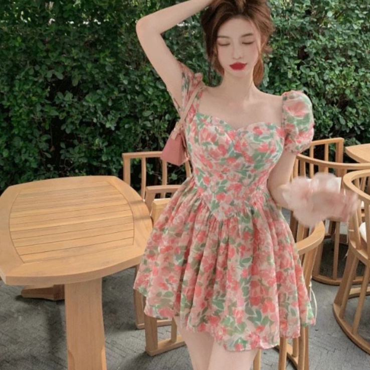 6601 Baju mini dress gaun pesta pendek motif bunga flower kembang Korean style wanita import baju mi