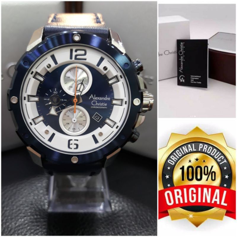 JAM TANGAN PRIA/COWOK ALEXANDRE CHRISTIE AC 6410 MC TALI KULIT WARNA BIRU BERGARANSI RESMI ORIGINAL