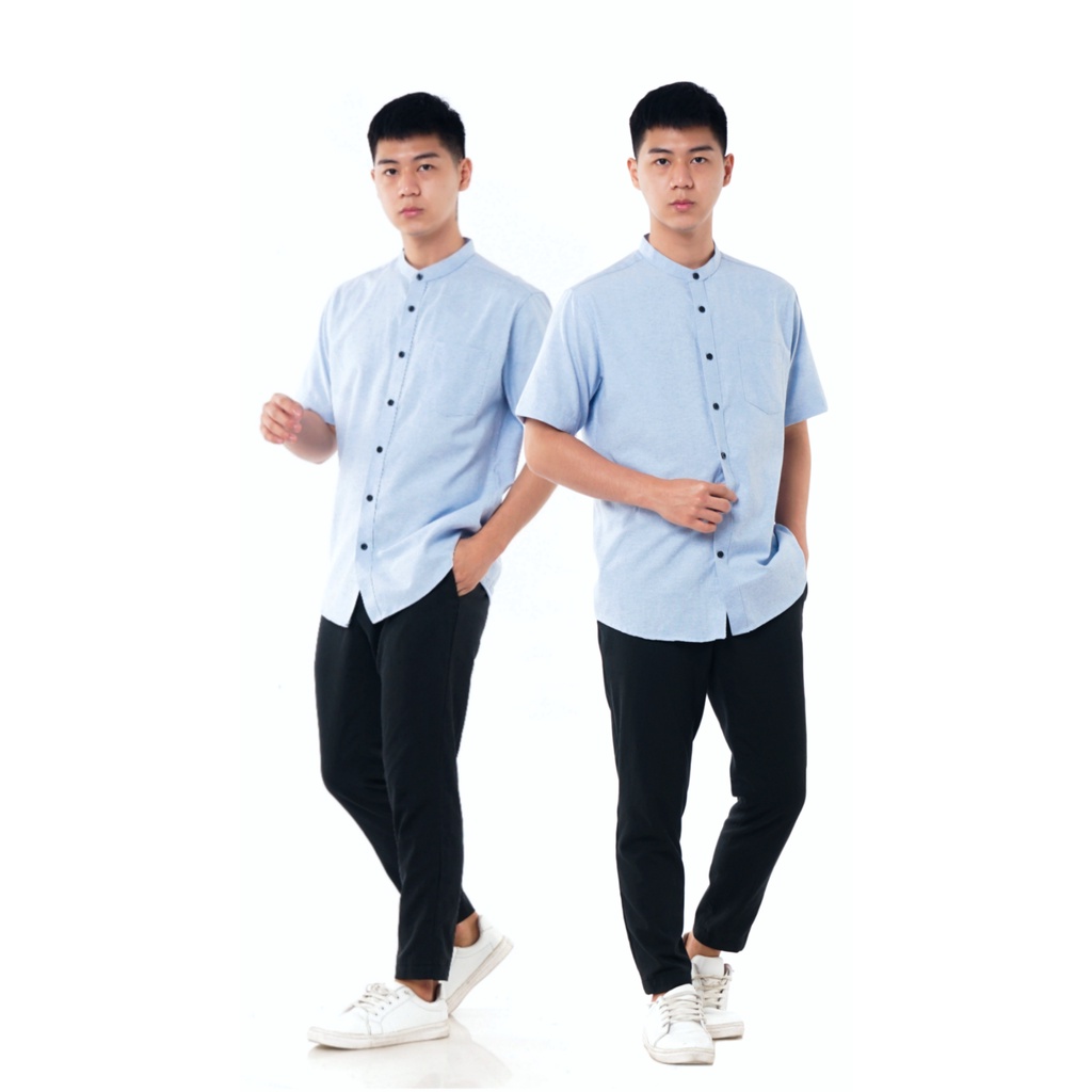 Kemeja Pria Kerah Shanghai Polos Kemeja Koko Lengan Pendek Katun Oxford Biru