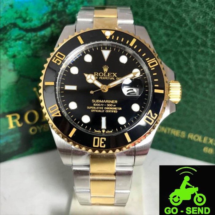 COD Promo Jam Tangan Rolex Submariner Combi Gold Matic Phosphor Kaca Anti Gores