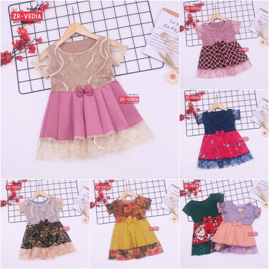 Dress Brukat Davina uk Bayi 3-12 Bulan / Dres Brokat Anak Perempuan Cewek Pakaian Model Baju Import