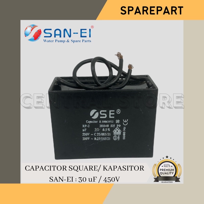 CAPASITOR / KAPASITOR 30 uF - 450 V/VAC SAN-EI DUA KABEL KOTAK/PETAK KONDENSOR BAGUS