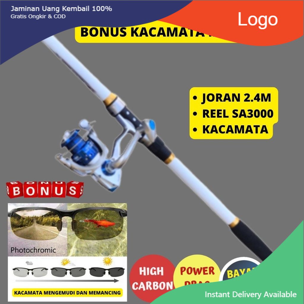 Pancingan Set Combo Joran Rill KACAMATA Mancing Stik Carbon 2.4 Meter Rell Seri 3000 12 Ball Bearing