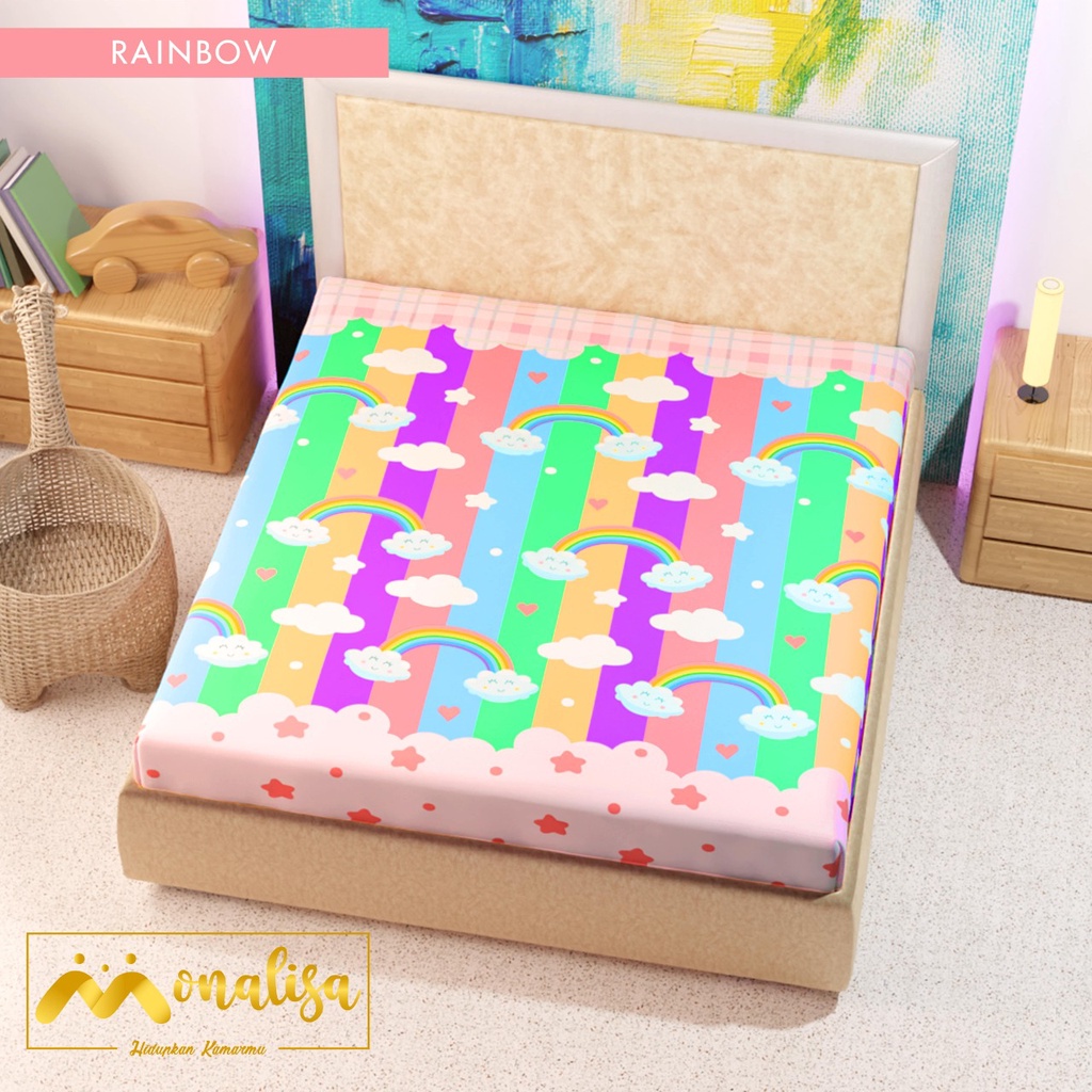 SPREI WATERPROOF MONALISA MOTIF KARAKTER UKURAN 180X200,160x200-rainbow