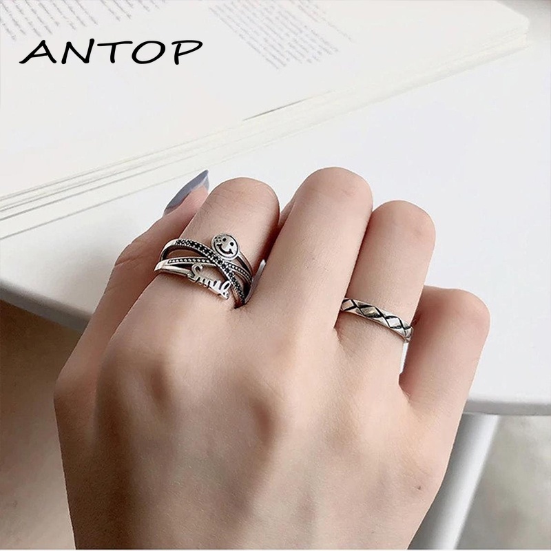 Smiley Surat Cincin Kepribadian Wanita Retro Pembukaan Adjustable Pasangan Cincin Perhiasan  ANTOP