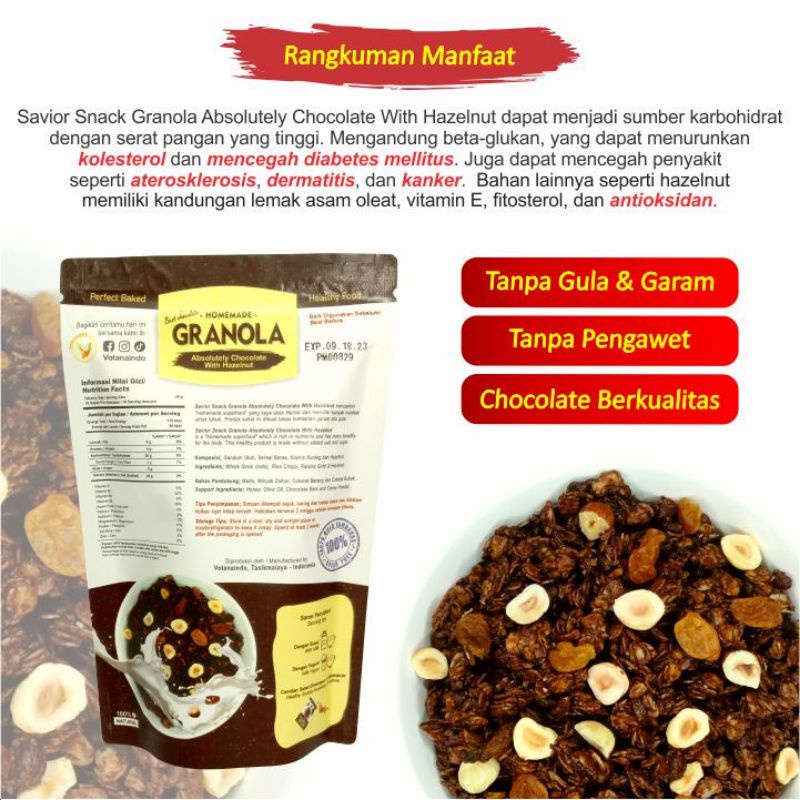 GRANOLA CRUNCHY ABSOLUTELY CHOCOLATE WITH HAZELNUT - SEREAL MAKANAN SEHAT SARAPAN PRAKTIS BERGIZI TINGGI NUTRISI BAHAN ORGANIK ALAMI TANPA PENGAWET - HIGH QUALITY - SAVIOR SNACK - GRANOLA BEST CHOCOLATE 120g