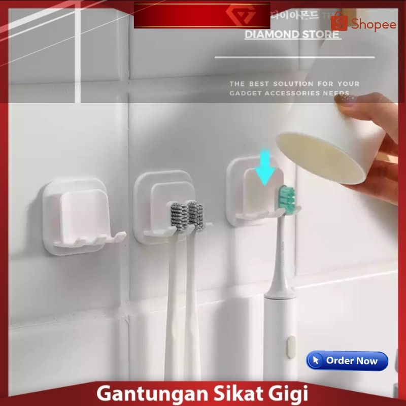 Hook / Gantungan Sikat Gigi Kuat Praktis Minimalis / Tempel Dinding 2 in 1