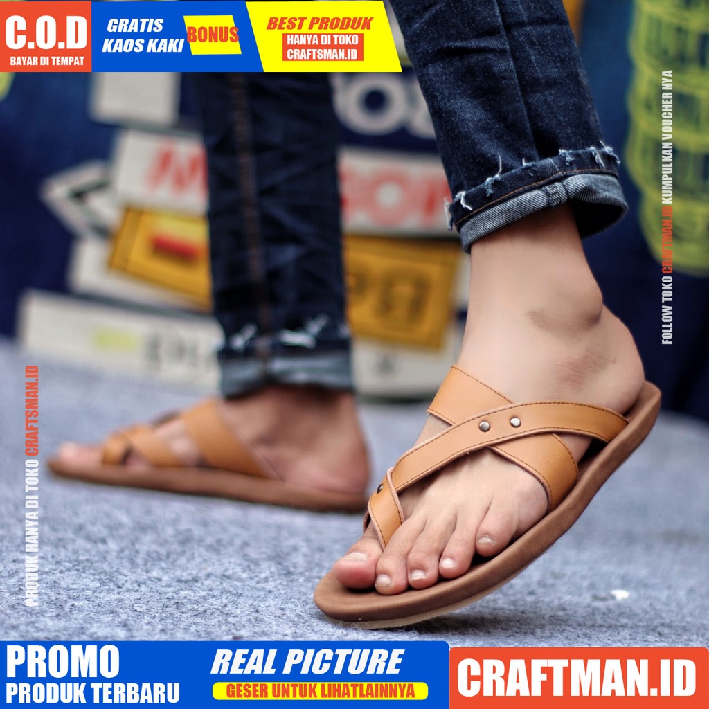 CRAFTS WIROS SANDAL KULIT PRIA BLACK BROWN SENDAL CASUAL JEPIT PRIA