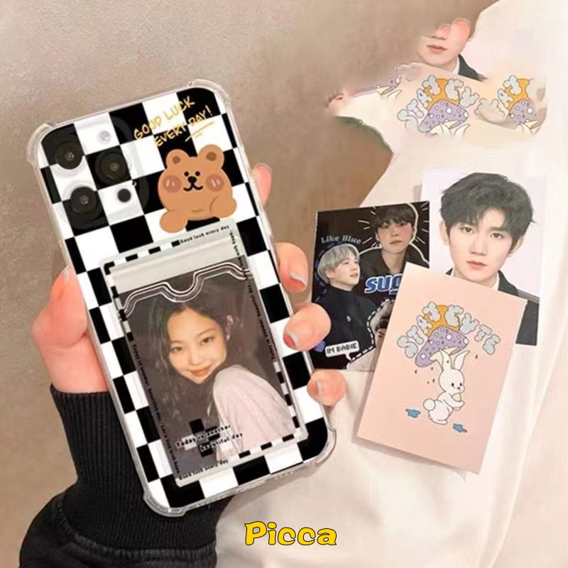 Tempat Kartu Slot Dompet Kotak-Kotak Sederhana Case Transparan Realme C25Y C30 10 Pro C21Y C11 2021 C25s 9i 5i C20 C20A C12 C11 2020 5s 5 C3 C25 Tempat Tas Kartu Beruang Kartun Soft Cover