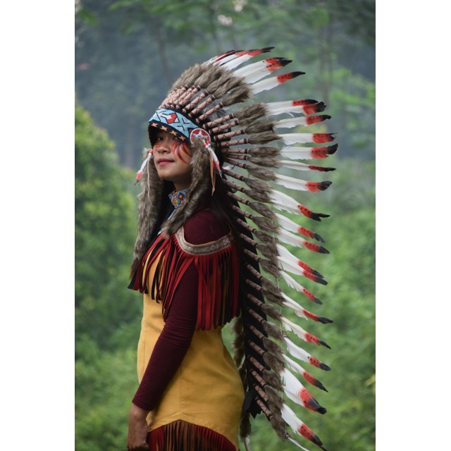 TOPI INDIAN - INDIAN HEADDRESS MEDIUM ANGSA MONTE MERAH TUTUL PUTIH