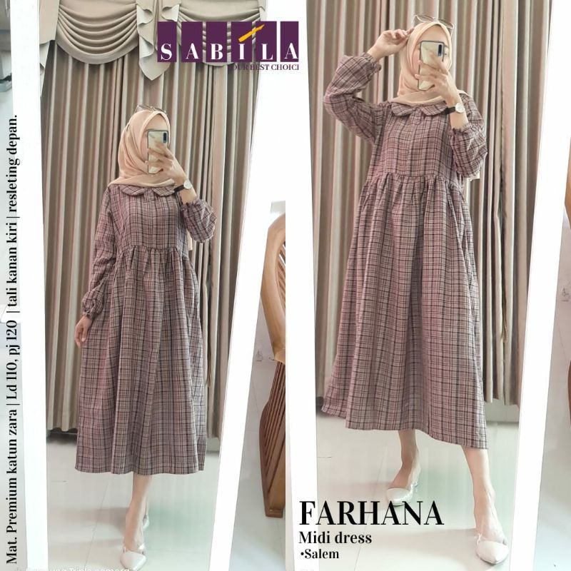 FARHANA midi dress By SABILLA MIDI DRESS BAHAN PREMIUM KATUN ZARA LD 110cm PJ 120cm tali samping bus
