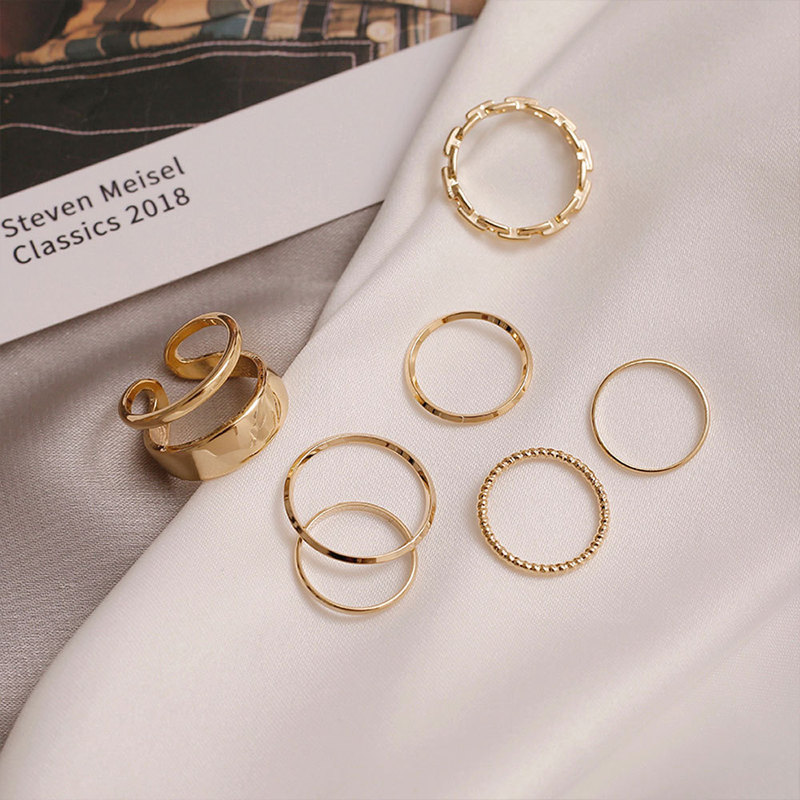 7pcs / Set Cincin Jari Model Terbuka Dapat Disesuaikan Warna Emas Gaya Korea Untuk Wanita