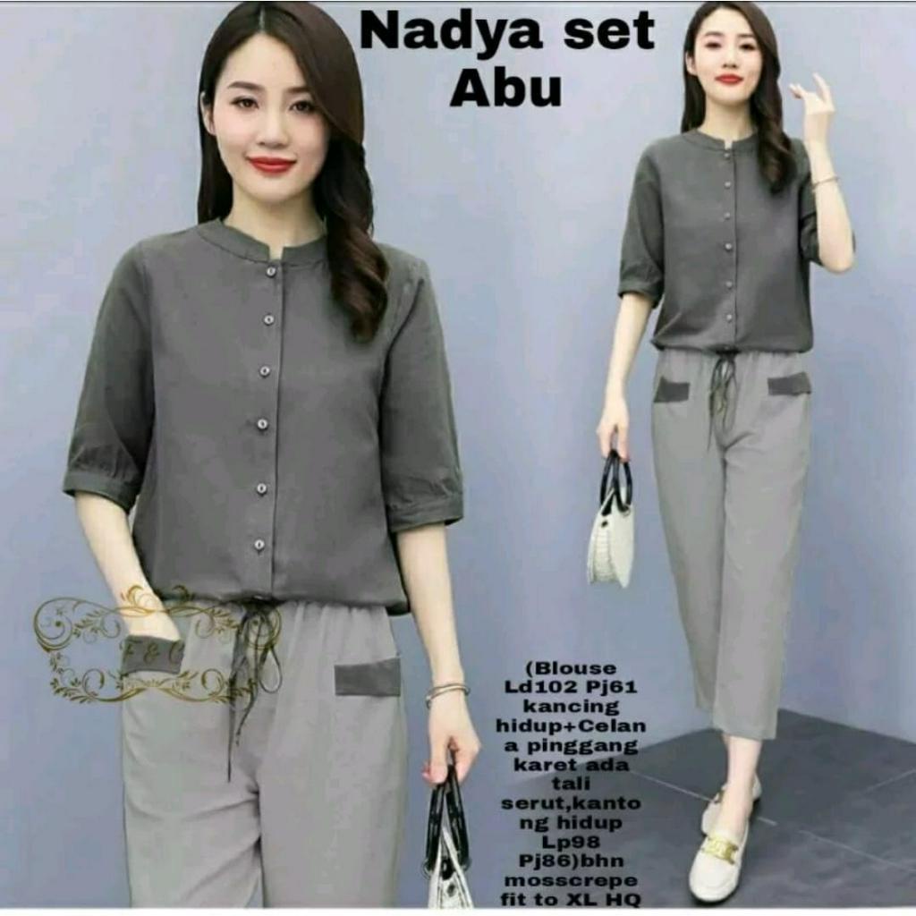 PCS SET NADYA BAHAN MOSCREPE FE SETELAN ATASAN DAN CELANA 3 UKURAN M L XL