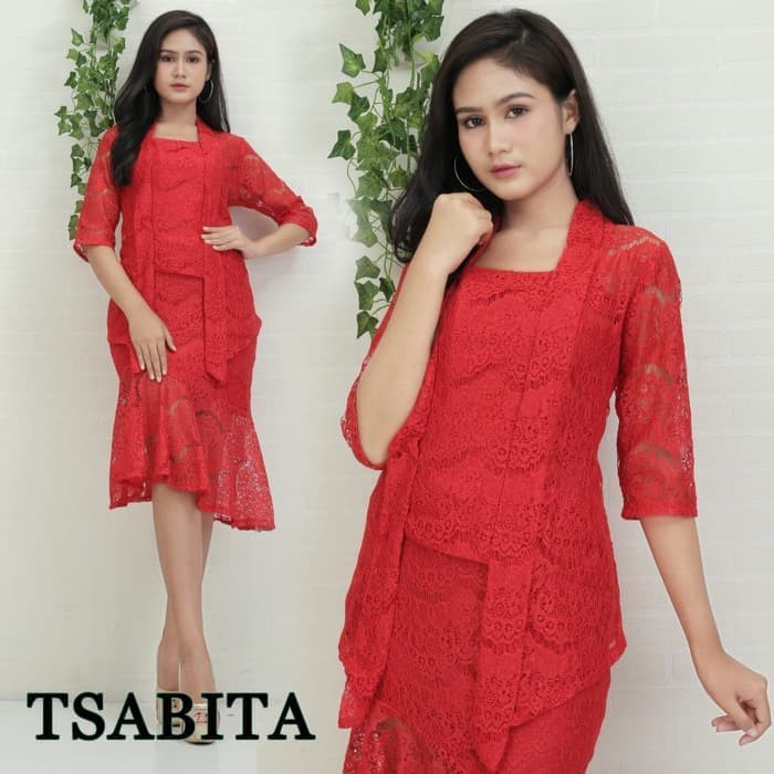 Grosiran Stelan Kebaya Modern Brokat Kutubaru Stelan Kebaya merah