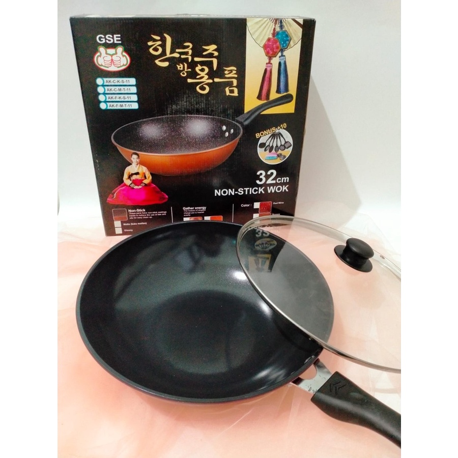 Wajan Wok Set Teflon Marble Anti Lengket+ Spatula Spons GSE 32 Cm