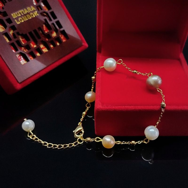 Gelang rantai lapis emas Mutiara air tawar asli lombok Gelang mutiara lombok asli Aksesoris mutiara 