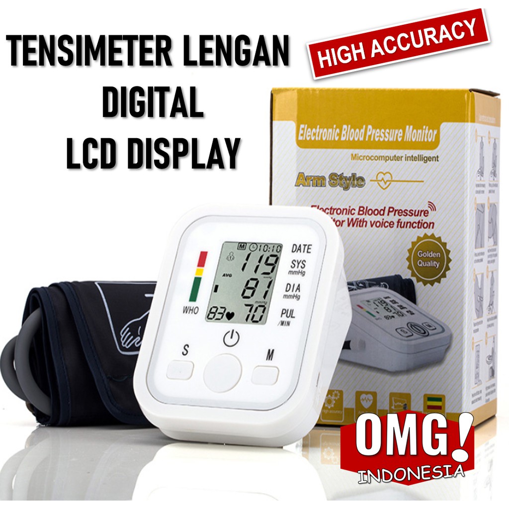 TENSIMETER DIGITAL LCD DISPLAY PENGUKUR TEKANAN TENSI DARAH PORTABLE BLOOD PRESSURE ELEKTRIK [ COD ]-Arm No Voice White