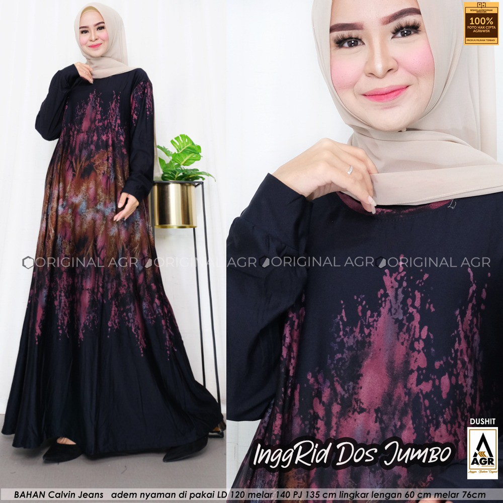 best saller // Inggrid Dos Jumbo // dres maxy // kekinian // terbaru // gamis motif // bahan calvin jeans