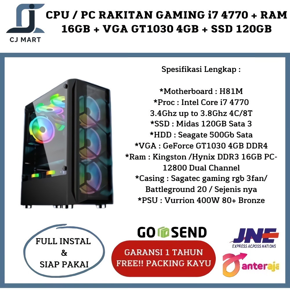 CPU / PC RAKITAN GAMING i7 + RAM 16GB + VGA GT1030 2GB + SSD 120GB
