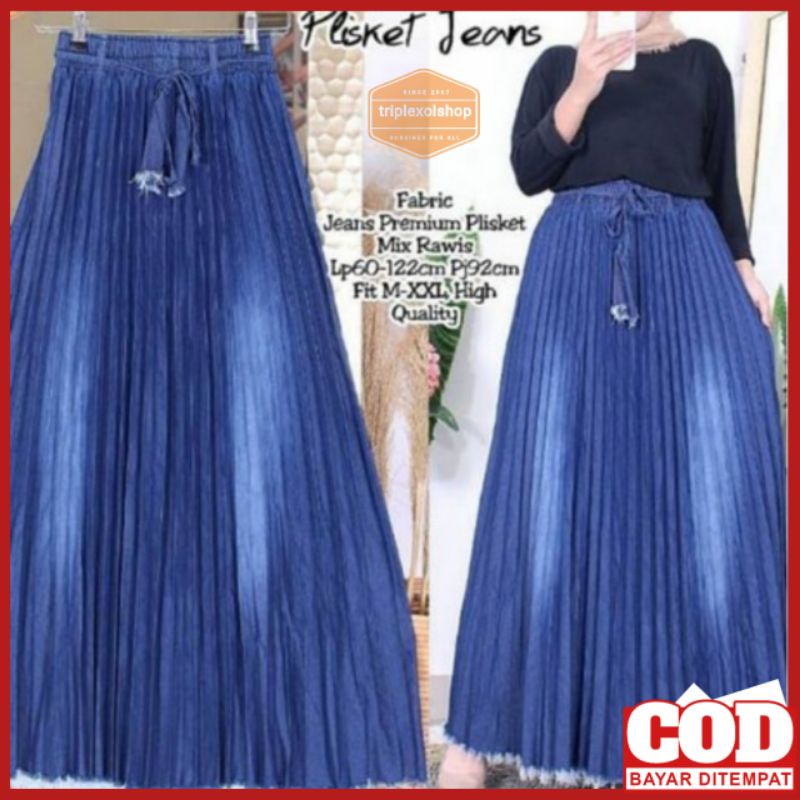 XXX Rok Plisket Jeans Wanita/Rok Plisket Jeans Payung/Rok Bawahan Rampel/Rok Plisket/ Rok Bawahan Wa
