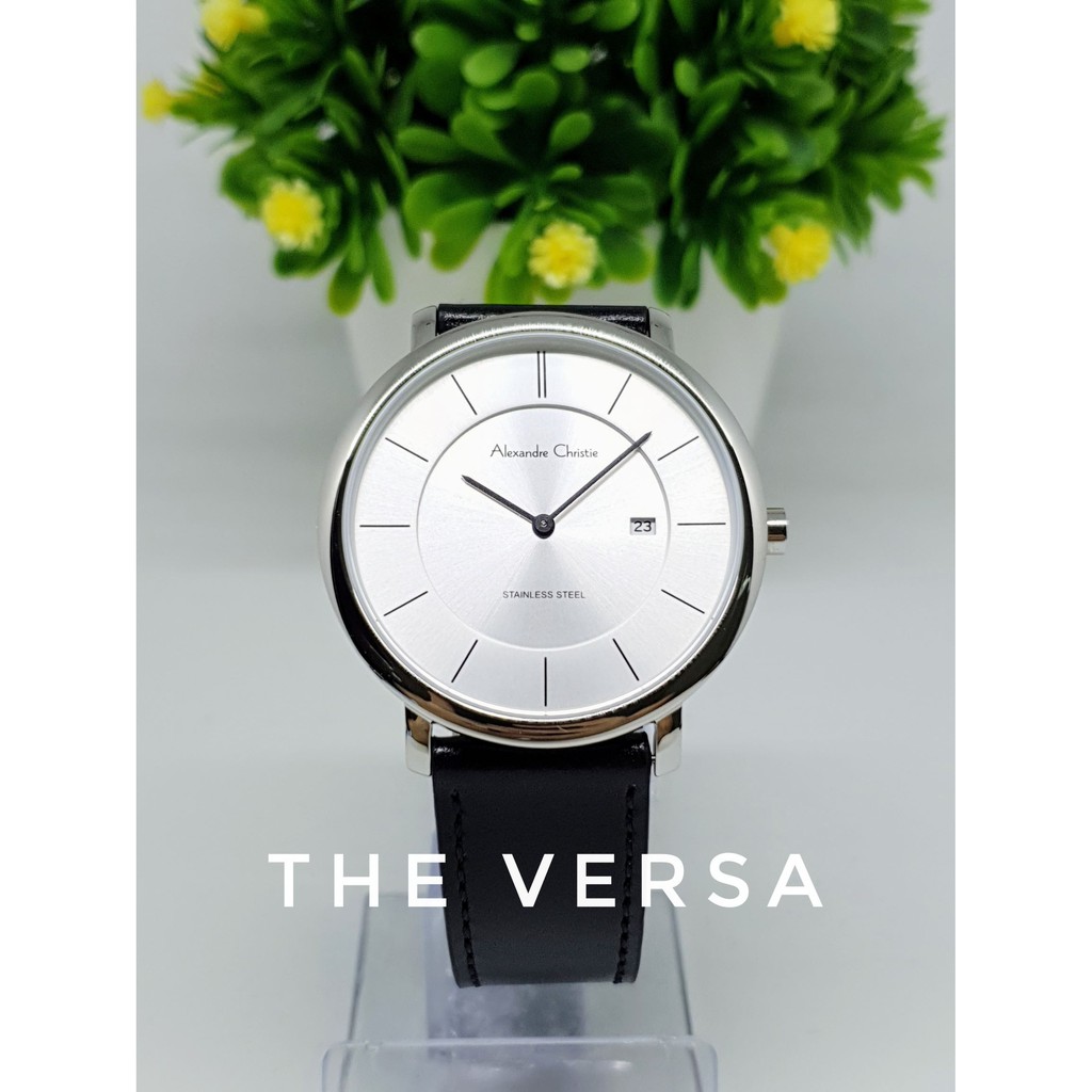 Alexandre Christie AC 8589 Jam Pria Kulit Silver Dial Silver
