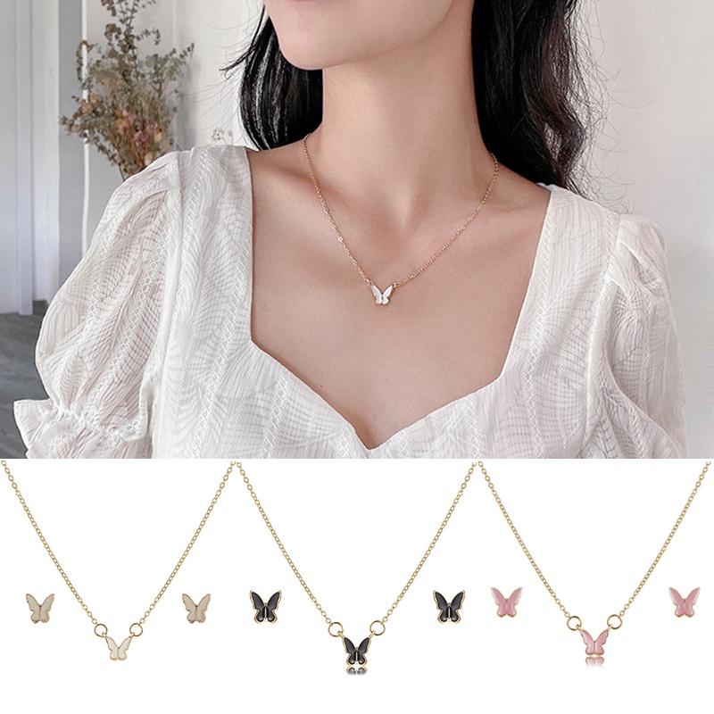 Set Anting Dan Kalung Rantai Choker Liontin Butterfly Warna-Warni Untuk Wanita