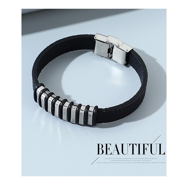 LRC Gelang  Tangan Fashion Black Alloy Geometric Leather Wide Brim Mens Bracelet Y64883