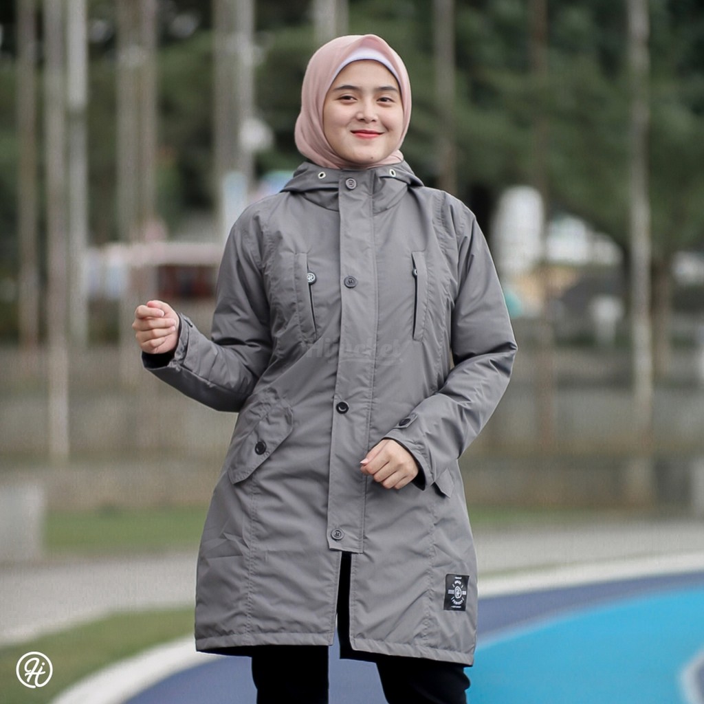 Hijacket Ixora Series Origilal Jaket Hijabers Bahan 100% Polyfiber Imported 75% Waterproof & Windproof Full Dourmill Dacron-COLDGREY