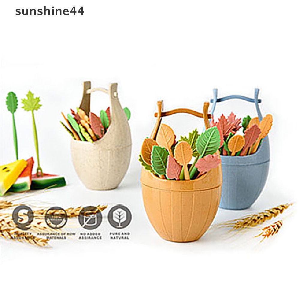 Sunshine 16pcs / Set Garpu Buah / Kue / Snack / Salad Bentuk Bunga / Daun Bahan Jerami Gandum Dengan Ember