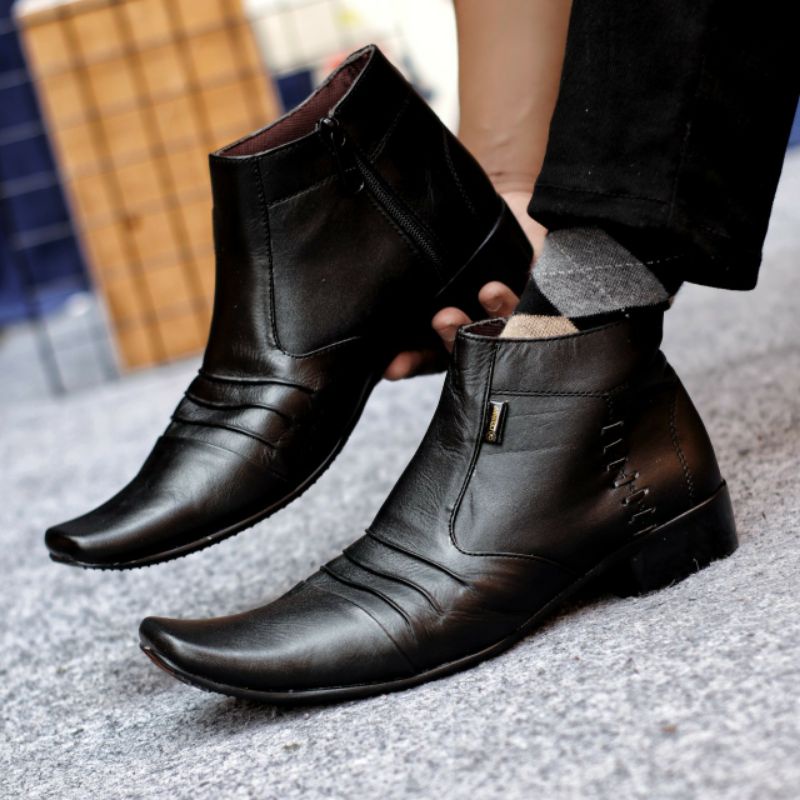 BADAMI BLACK Sepatu Pantofel Zipper Resleting Pria Kulit Asli Tinggi Lancip