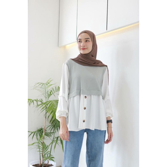 SHAHIA TOP (ld104 pjg 68) - Atasan Blouse Combi Wafer Tangan Balon