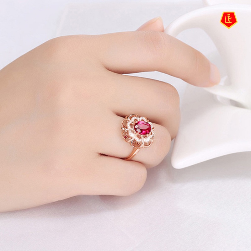 [Ready Stock]18K Rose Gold Inlaid Colored Gemstone Ring Elegant Advanced Exquisite