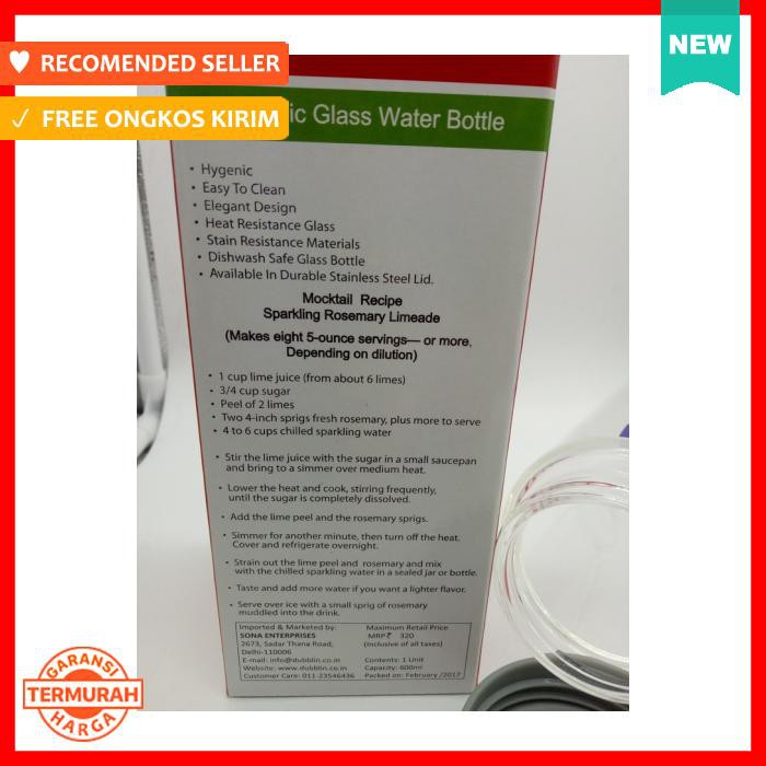 Botol Kaca Dubblin 600Ml Gelas Kaca Glass Tempat Minum Tutup Stainless - Botol Minum & Termos