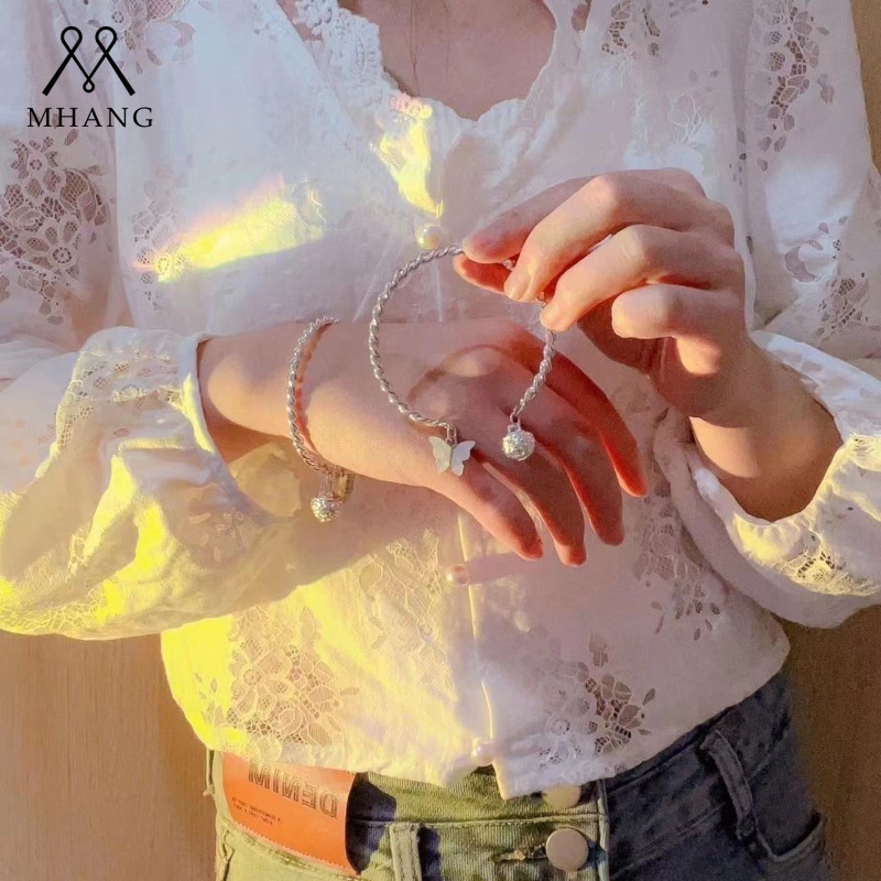 Gelang Tangan Silver Wanita Desain Kupu-Kupu Biru Gaya China Korea