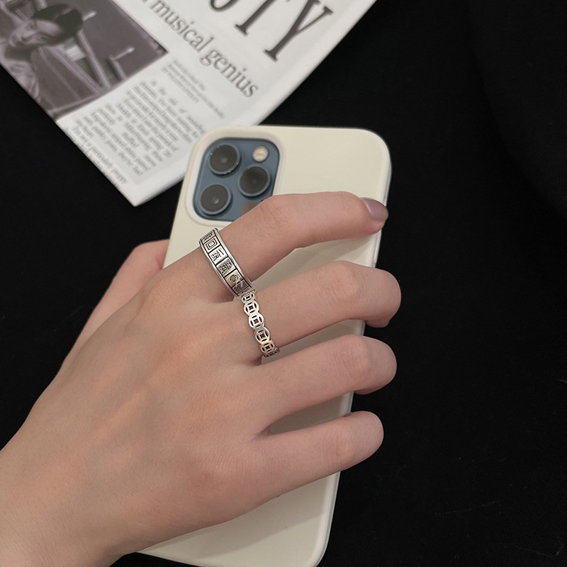 Cincin Model Terbuka Desain Tulisan Mahjong Gaya Korea Retro Untuk Wanita