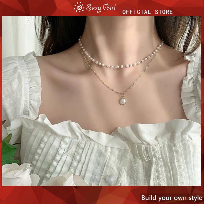 Kalung Choker Rantai Tulang Selangka Hias Mutiara Ganda Gaya Retro Korea Untuk Wanita