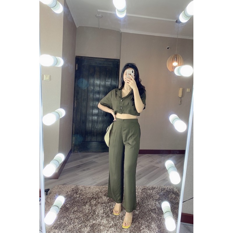 ZENAYA SET SETEL281 SETELAN BAJU CROP DAN CELANA PANJANG KULOT BUSUI SETEL281-Army